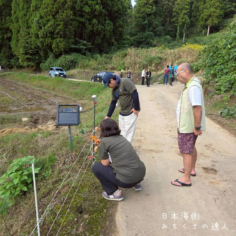 長岡の山あいで電気柵を調べる参加者たち